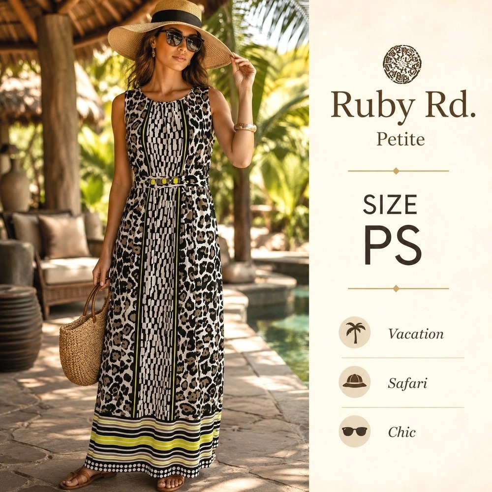 Ruby Rd Petite Maxi‎ Dress Womens PS Black Leopard Striped Bold Safari Vacation